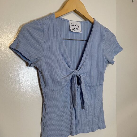 Sadie & Sage Womens Tie Front Tee T-Shirt Blue - Picture 3 of 4